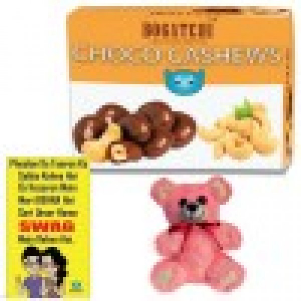 Complete Bhai Dooj Gift Hamper for Sister, Chocolate Coated Cashews, 100g + FREE Bhai Dooj Greeting Card + Free Teddy